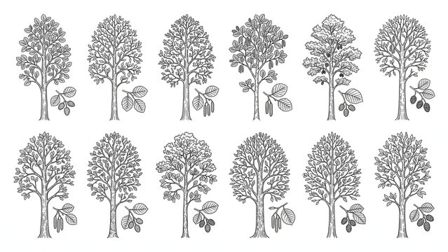 Alder Tree Species With Catkins Leaf Detail Hand Drawn Vector Set