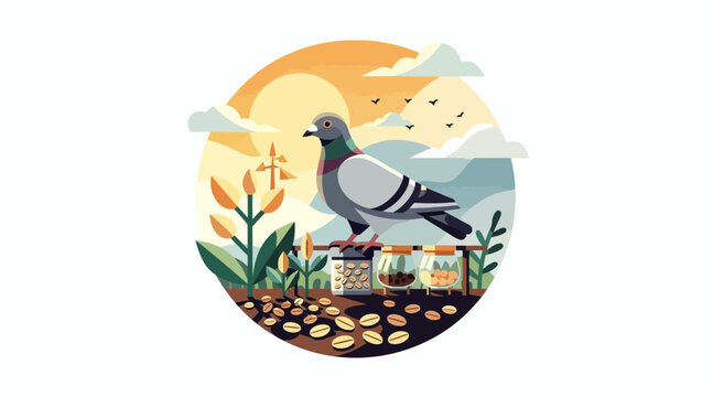 Pigeon perched on ground in colorful nature scene.