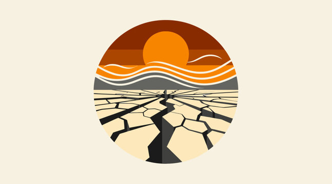 Sunset over cracked earth with flowing river design.
