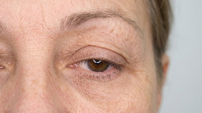 Extreme close up of mature female eye with droopy sagging eyelids, crow feet wrinkles and aging skin.