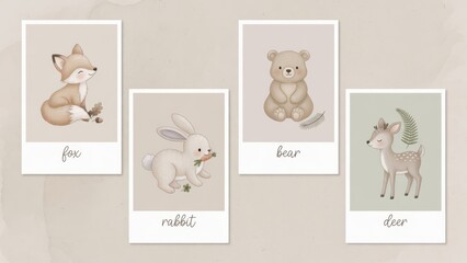 Fototapeta premium Four charming postcards displaying hand drawn watercolor woodland creatures like a fox and a rabbit along with a teddy bear and a fawn for nursery decor prints or educational room wall art decor