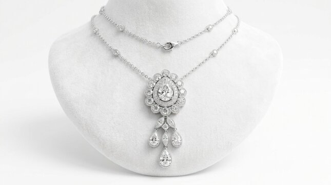 A white, marble-like surface with a large, ornate pendant necklace on it, featuring a central, large, pear-shaped diamond and smaller diamonds around it, 