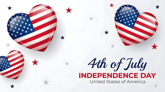 Heart shapes decorated with the American flag pattern float against a clean white background to celebrate Independence Day.