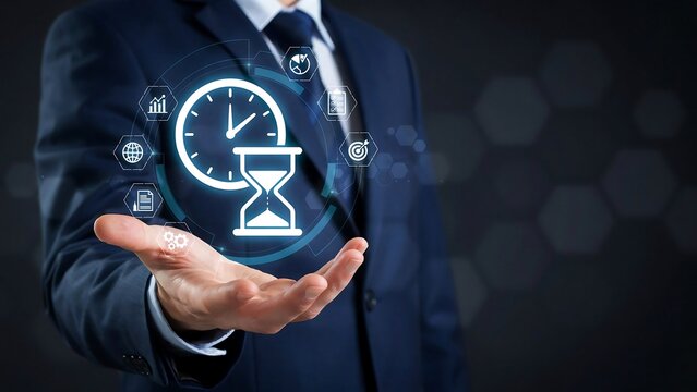Concept of Time Management and Productivity with Business Icons and a Professional Businessman in a Suit Presenting the Concept