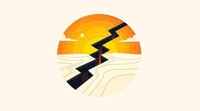 Sunset with jagged lightning bolt silhouette design.