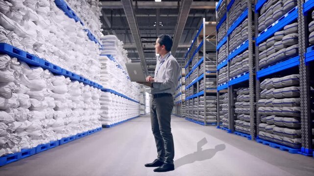 Full Body Side View Of An Asian Male Professional Worker at Warehouse Storage with Stacked White Sacks, Observes By Looking Up Before He Come To Concentrating On The Laptop And Keep On Typing