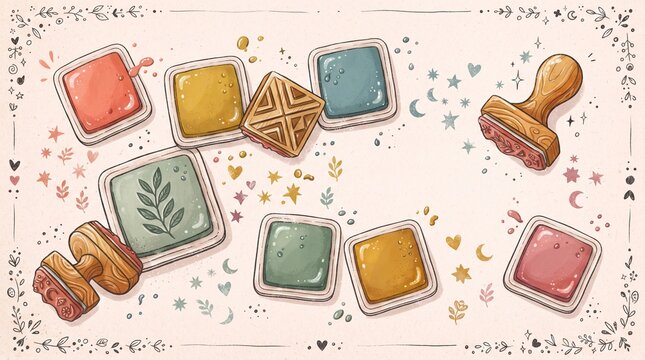 Colorful rubber stamps with ink pads on decorative background  