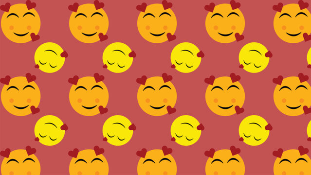 Repeating reddish background emoji pattern alternating orange heart‑smile face and yellow peaceful face cheerful decorative modern vector illustration