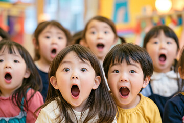 Fototapeta premium 保育園の教室で全員が口を開けて驚き顔をする日本人の男女幼児のグループ