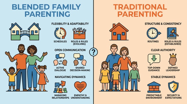 Blended Family Versus Traditional Parenting Styles Comparison Infographic