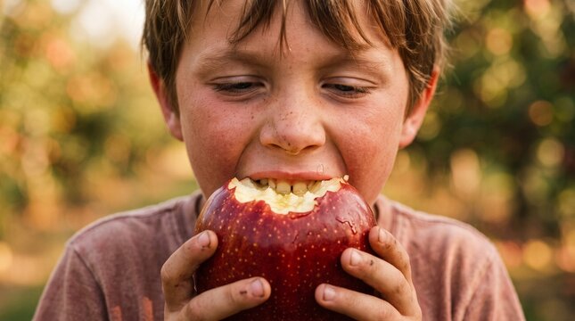 Young boy enjoying a fresh apple while sitting outdoors in orchard for Apple Spas