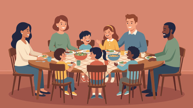 Stepparents And Children Gathered Around One Dinner Table Illustrating Blended Family Parenting Style
