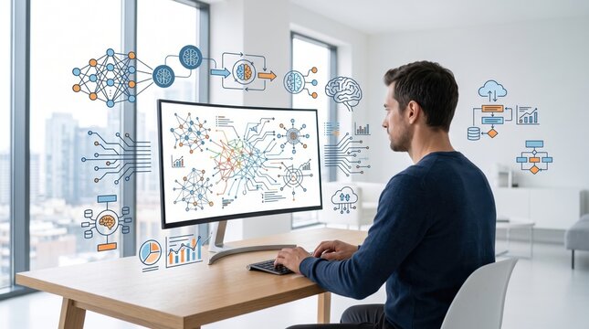 Man working on computer with artificial intelligence neural network graphics and data flow diagrams, machine learning and big data processing concept