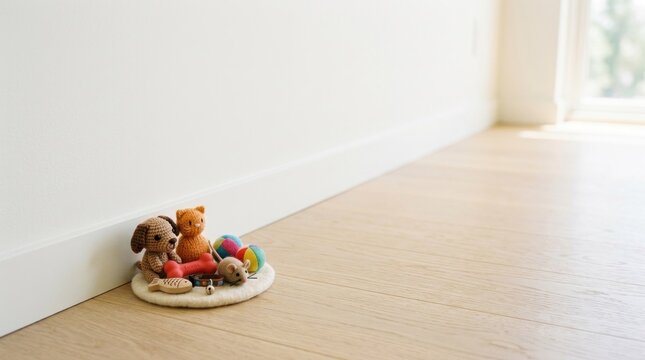 Three stuffed animals, a dog, a cat, and a bear, sitting on a wooden floor with a white wall in the background.