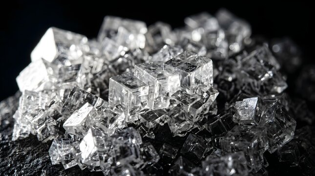 Macro salt crystals on dark background, geometric translucent mineral structures, cubic crystalline textures for scientific and culinary concepts