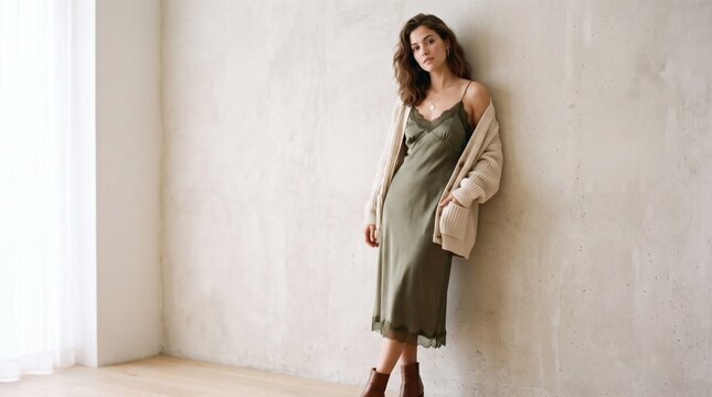 Elegant young woman in olive green slip dress and beige cardigan leaning against textured wall