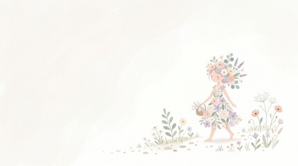 Fototapeta premium A girl in a floral dress walking through a field of flowers, holding a basket of flowers.
