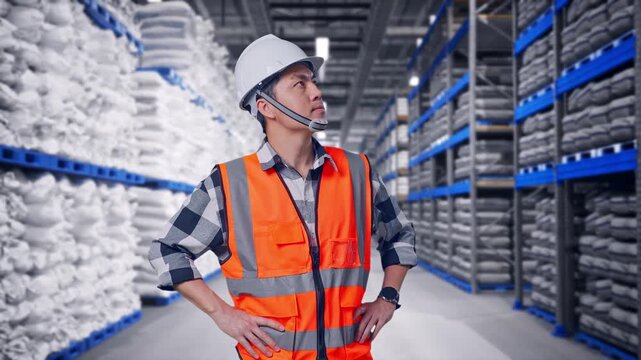 Asian Male Engineer Wearing Safety Helmet Looking Around While Standing With Arms Akimbo at Warehouse Storage with Stacked White Sacks