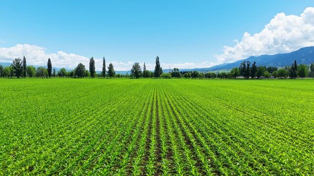 Vibrant green agricultural field with neat rows of young crops stretching toward distant trees and mountains under a clear blue sky.