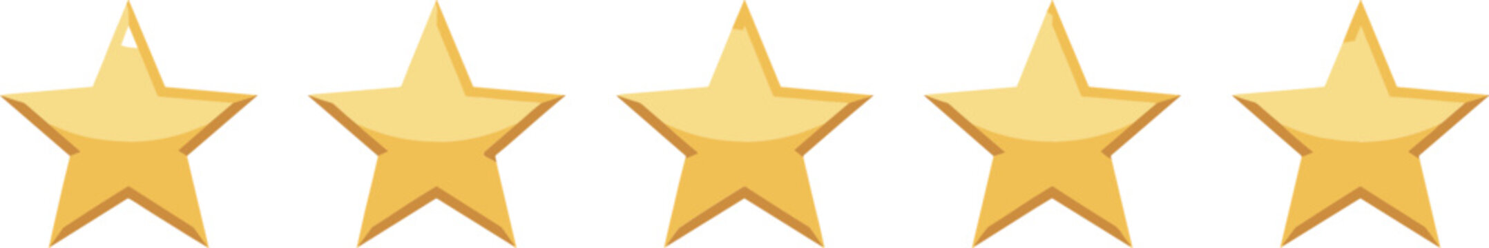Five golden stars aligned in a row against a white backdrop representing excellent customer satisfaction and achievement
