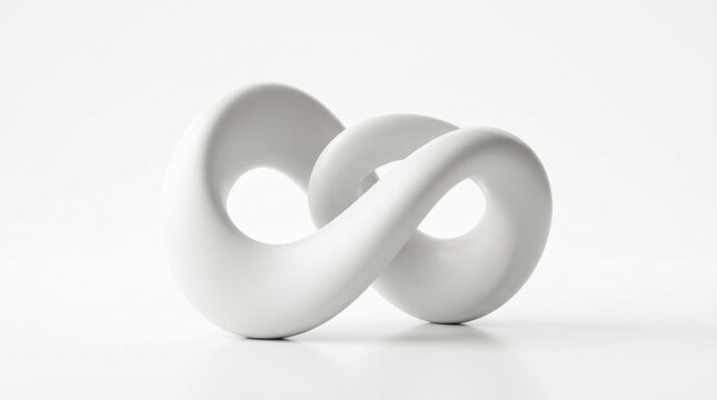A white, abstract, geometric sculpture with a smooth, glossy surface, featuring a looped, intertwined shape that loops back on itself, creating a sense of infinity and endlessness.
