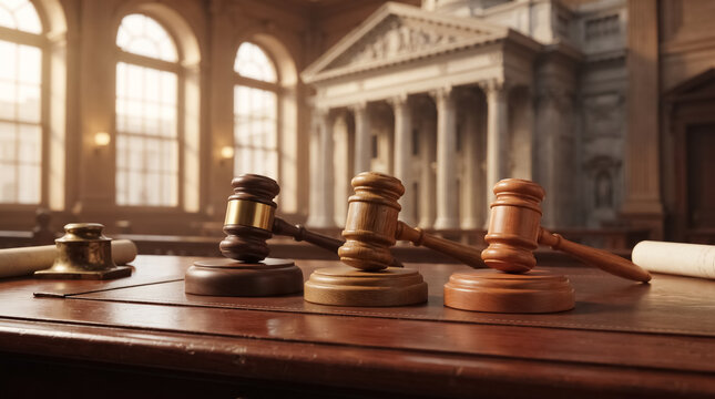 Polished Wooden Gavel on Judicial Desk with Classical Government Building Background representing the rule of law and democratic governance, with a blurred classical building facade behind it