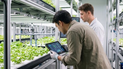 Fototapeta premium Agronomists monitoring vertical farming hydroponic system with tablet, smart agriculture technology and indoor greenhouse food production innovation