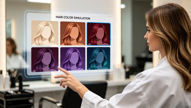 Woman using futuristic hair color simulation hologram interface, digital beauty technology and virtual try-on application for salon styling consultation