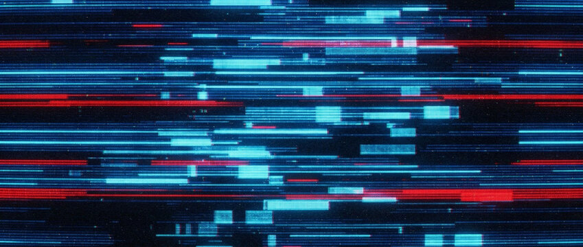 Abstract digital glitch background with blue and red horizontal noise lines, featuring a dark technical texture ideal for cyber security, data error, and sci-fi video production