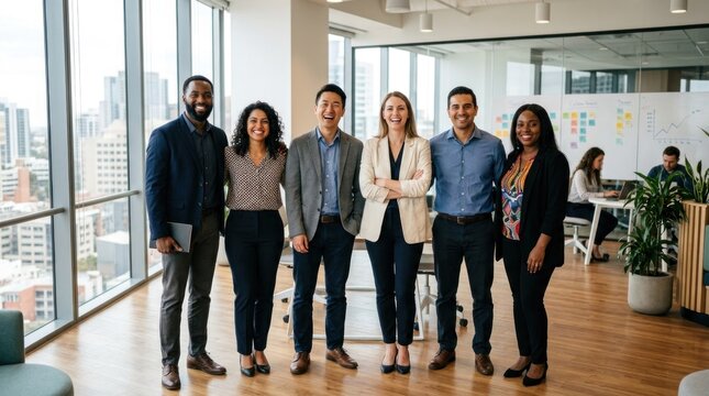 A diverse group of six people, including men and women, stand in a modern office setting with a large window and city skyline in the background.