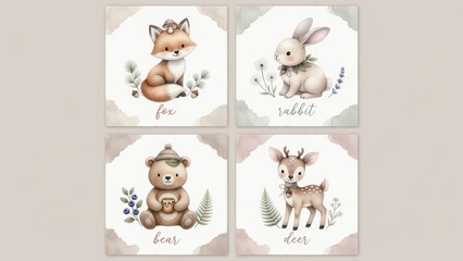 Fototapeta premium A charming collection of four whimsical forest animals including a little fox a soft bunny a cute bear and a spotted deer featuring gentle botanical accents for decorating a cozy nursery room set