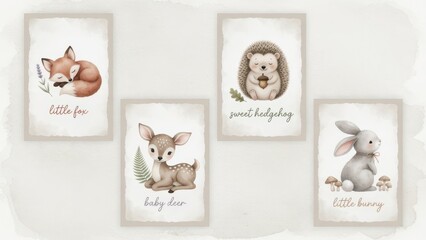 Fototapeta premium Watercolor paintings of various forest creatures including a sleeping fox a small fawn a hedgehog holding an acorn and a seated rabbit presented on soft textured paper cards for nursery decor the