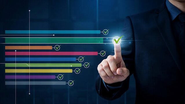 Business man checking off tasks on a digital progress bar representing successful project completion and task management on a dark blue background