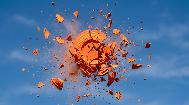 Broken Orange Clay Pigeon Exploding Midair Against Blue Sky