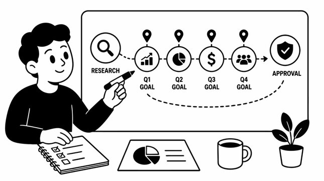 Businessman presenting workflow process on whiteboard.