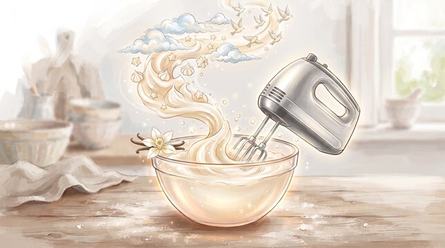 Electric mixer whipping cream in bowlwith clouds and vanilla in kitchen  