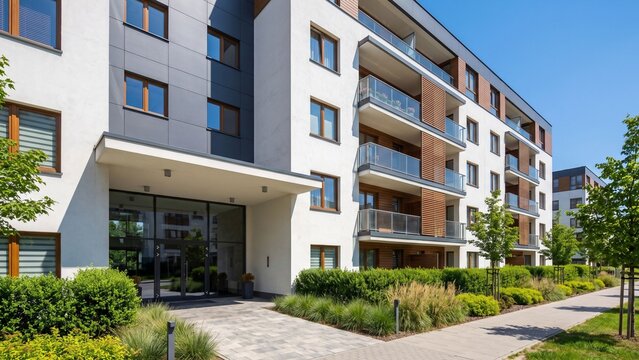 青空の下に建つ白とグレーのモダンな集合住宅と緑の植栽が整備された明るいマンション外観