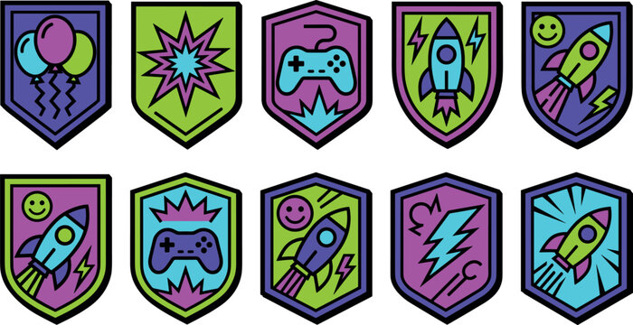 Vector neon retro arcade gaming shield badge set featuring video game controller rocket ship lightning bolt and smiley face sticker icons