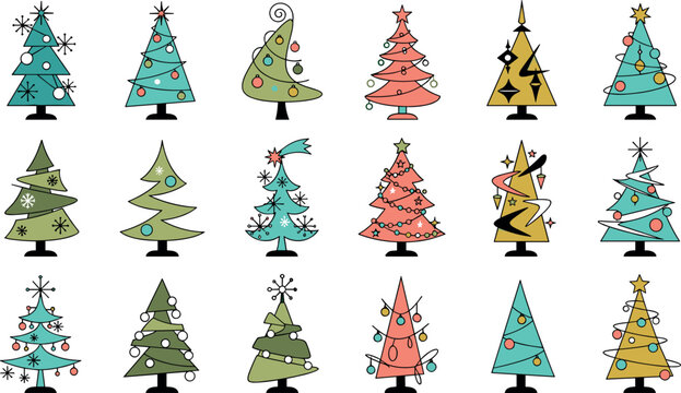 Vector retro mid century modern Christmas tree set featuring atomic style festive holiday trees decorated with starbursts and vintage bauble ornaments
