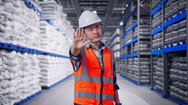 Asian Male Engineer With Safety Helmet Disapproving With No Hand Sign While Standing at Warehouse Storage with Stacked White Sacks