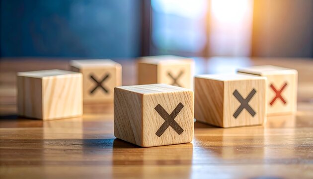 Wooden cubes marked with X symbols arranged on a table, representing selection, elimination, voting, rejection, quality control, and business evaluation.