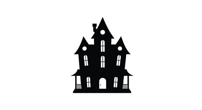 Silhouette of spooky haunted house with pointed roofs and round windows.