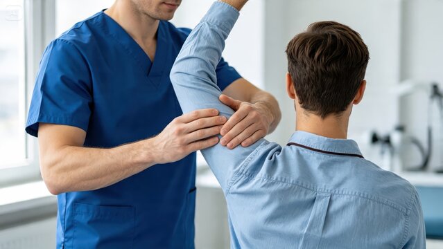 Physiotherapist examining and treating male patient shoulder pain in clinic, physical therapy rehabilitation exercise for injury recovery and musculoskeletal health care