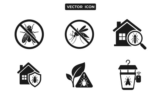 Pest control and insect prevention vector icon set for home and garden protection.