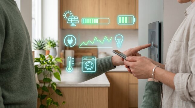 Smart home energy management concept, couple using mobile app to control electricity usage, battery storage, and appliance efficiency in modern kitchen interior.