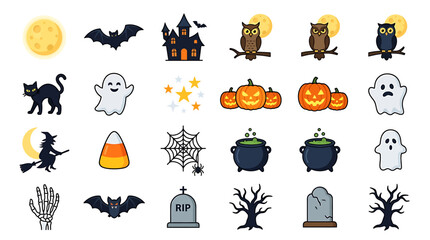 Fototapeta premium Spooky Halloween icons with bats, ghosts, pumpkins, and trees on white