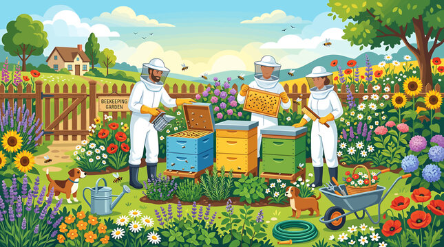 Beekeepers in protective suits working with wooden beehives in a colorful summer garden illustration.