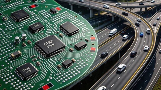 Close up of electronic circuit board with microchips merging into a busy highway interchange, representing smart transport systems, IoT connectivity