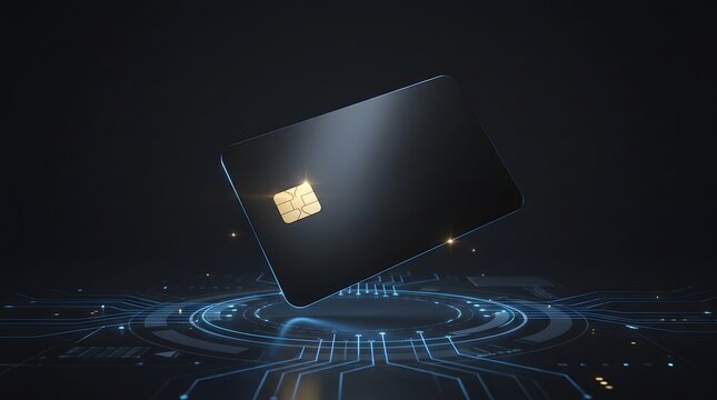 Black credit card with golden chip floating over digital circuit
