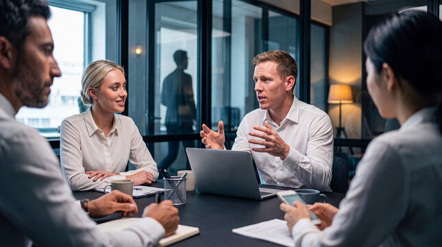 Engaging photograph of diverse business professionals in a collaborative meeting in a bright, modern corporate office.